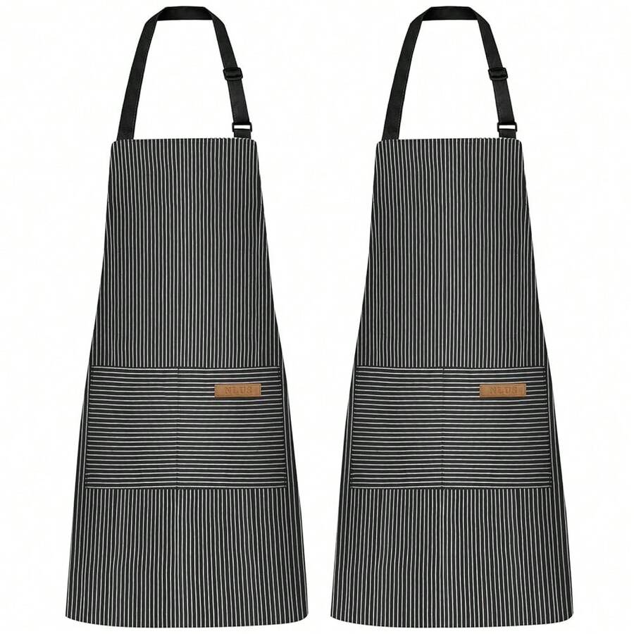 NLUS 2 Pack Kitchen CooFKing Aprons, Adjustable Bib Soft Chef Apron With 2 Pockets For Men Women (Black Pinstripes),BlackPinstripes - 黑條紋 - 查看 1