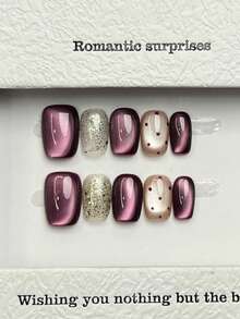 10片手工美甲片，椭圆方形亚克力按压式美甲，短款/中款，极简紫色美甲，闪亮猫眼，闪粉手绘波点图案，简约优雅奢华手工美甲，秋季美甲，秋季按压式美甲，可爱美学，百搭美甲，DIY假指甲，派对日常及约会使用，海滩热带度假适用，可重复使用，适合女性和女孩作为礼物，美甲用品 - 紫色 - 查看 1