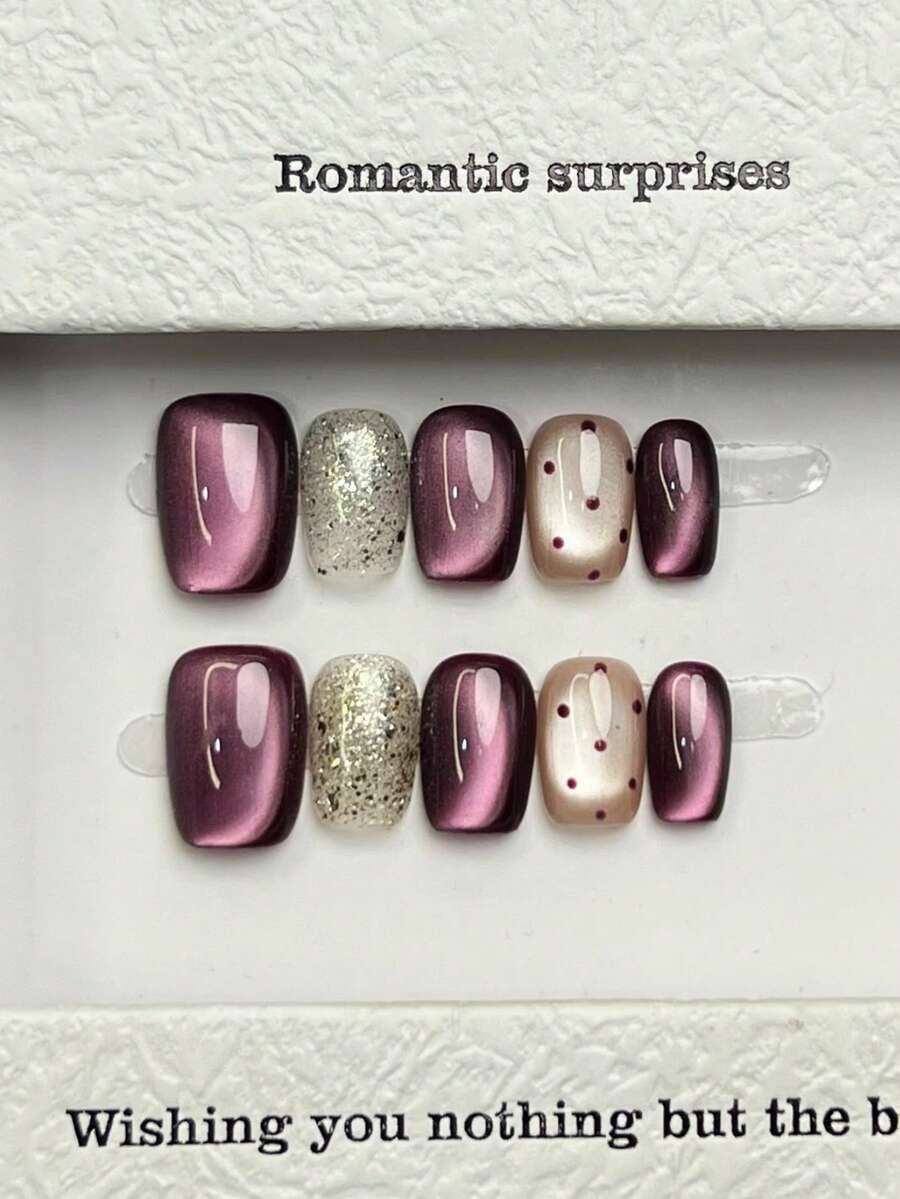 10片手工美甲片，椭圆方形亚克力按压式美甲，短款/中款，极简紫色美甲，闪亮猫眼，闪粉手绘波点图案，简约优雅奢华手工美甲，秋季美甲，秋季按压式美甲，可爱美学，百搭美甲，DIY假指甲，派对日常及约会使用，海滩热带度假适用，可重复使用，适合女性和女孩作为礼物，美甲用品 - 紫色 - 查看 1