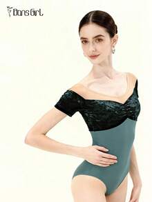DonsGirl 1 Piece Women's Retro Palace Style Velvet Patchwork Short Sleeve Leotard - Ballet Dance & Modern Dance Classical Performance Costume - 墨綠色 - 查看 6