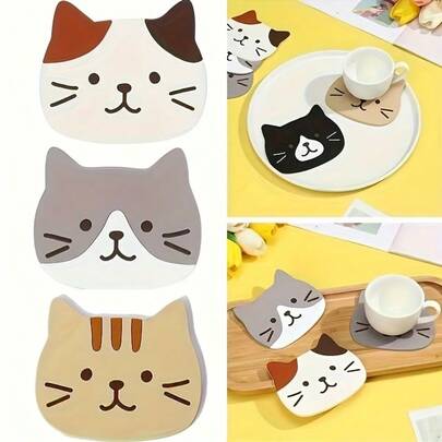 1/3pcs Silicone Cat Coasters - Heat Resistant Cat Shaped Coasters (Tiger Stripe, Sphynx, Tortoiseshell, & Brown Tiger Stripe) - Non-Slip, Dishwasher , Fun Design Decorative Pad, Animal Lover
