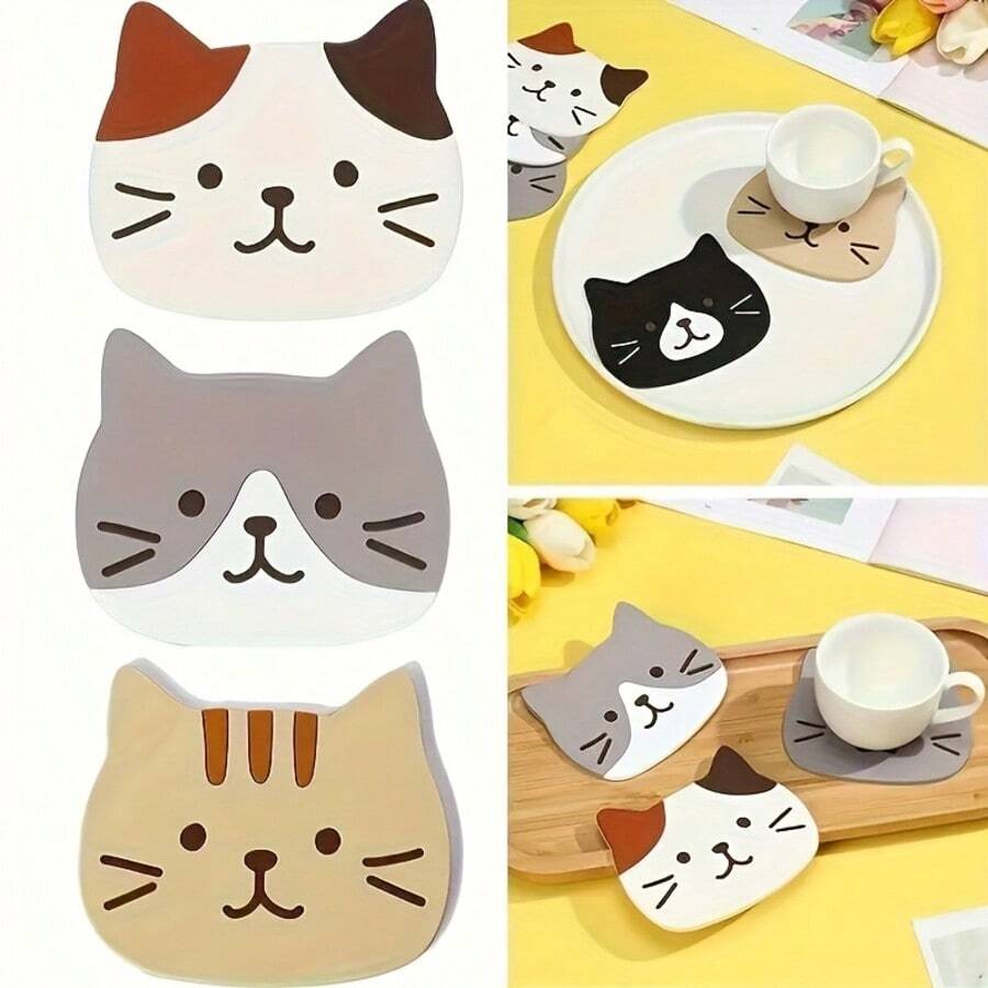 1/3 Stücke Silikon Katzen Untersetzer - Hitzebeständige Katzen-förmige Untersetzer (Tiger Streifen, Sphynx, Schildpatt und Braun Tiger Streifen) - rutschfest, spülmaschinenfest, dekoratives Design mit Tiermotiv für Tierliebhaber