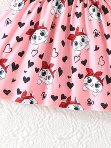 3pcs/Set Cute Casual Cartoon Cat & Heart Pattern Ruffle Sleeve Dress Set For Baby Girls, Suitable For Daily Wear And Outdoor In Summer - Red - View 8