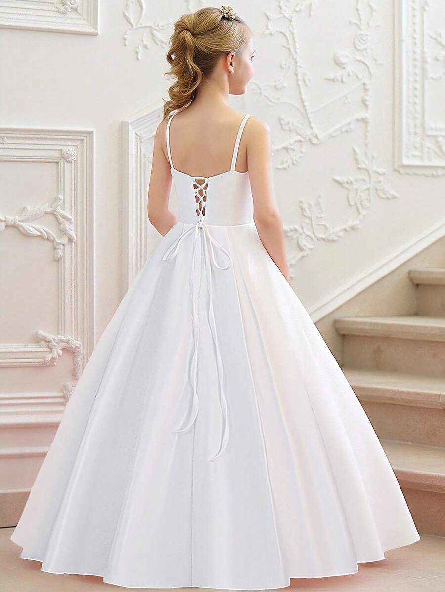 Tween Girls Solid Color Spaghetti Strap Open Back Tie Back Satin Elegant Flower Girl Evening Dress, Suitable For Party, Headband Not Included - White - View 1