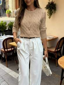 FOR BEAUTY 春夏新款纯色圆领扭结罗纹针织单排扣长袖开衫，时尚优雅，简约休闲，适合日常通勤，女士春季针织外套 - 卡其色 - 查看 1