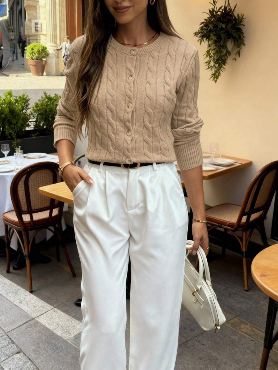 FOR BEAUTY 春夏新款纯色圆领扭结罗纹针织单排扣长袖开衫，时尚优雅，简约休闲，适合日常通勤，女士春季针织外套 - 卡其色 - 查看 1