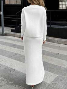 Women's Elegant Knitted Sweater Set, Loose Pullover And Solid Color A-Line Skirt 2-Piece Outfit, Autumn/Winter - White - View 4