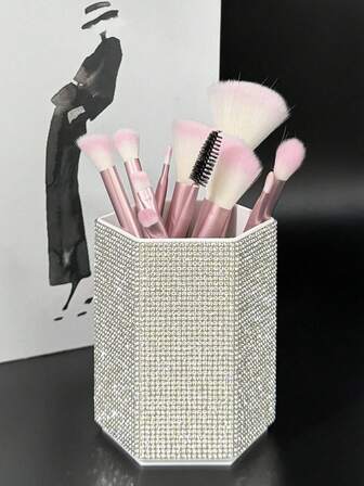 1pc Irregular Crystal Makeup Brush Holder, Large Capacity, Decorated With Colorful Crystals, Luxurious Sparkling, Diamond Pattern All Over, Glittering Storage Jar (Brushes Not Included)