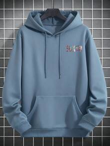 Men's Casual "TOKYO" English Slogan & Tokyo Element Print Fleece Hoodie, Autumn/Winter - Baby Blue - View 3