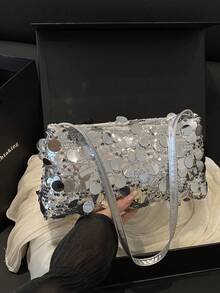 1pc, Joker Fashion , High Value And Niche Design Portable Shoulder Bag, Solid Color Polyester Fabric Sequins Splicing Decoration And Multicolor Optional Square Bag, Suitable For Ladies' Daily Commuting And Shopping Occasions. - Multicolor - View 8