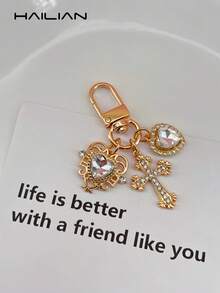 HAILIAN Amuleto de llavero de mujer de aleación con cruz, corazón y corona de lágrima con rhinestones - se puede usar como accesorio decorativo para billeteras, mochilas, estuches de auriculares, etc., con un cierre adecuado para maletas y automóviles