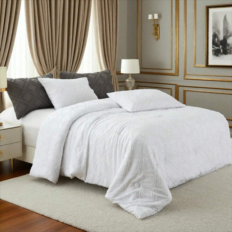 Luxury Thick Winter Comforter - Super Soft Microfiber Filled, Quilted Solid Color Diamond 3D Jacquard Duvet Cover, Suitable For All Seasons, Machine Washable - Perfect For Bedroom, Hotel And Guest Room (Pillow Case Not Included) - White - View 1