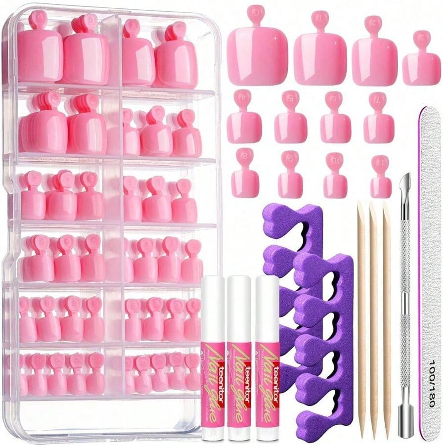 120 Pcs False Toenails White Color Square Shape Press On Nail Tips With Nail Glue Adhesive Tabs Toe Nail Art Kit For Pedicure Home Salon Vacation Travel Use - Sakura Pink - 查看 1