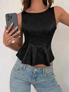 女士宽松圆领黑色吊带背心，露背设计，优雅波西米亚风格，商务休闲办公穿着，秋冬季 - 黑色 - 查看 3