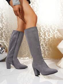 女士时尚简约尖头中筒靴，粗跟西部风格靴