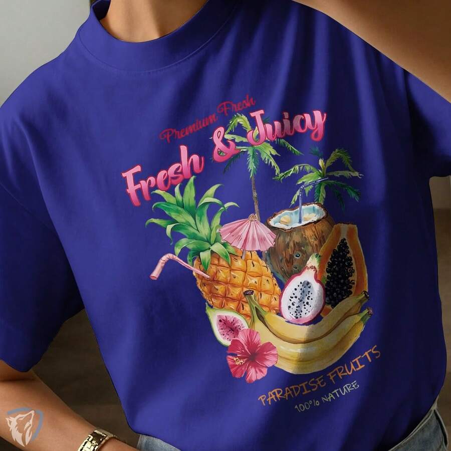 Camiseta Estilo Verão – Arte Tropical com Abacaxi, Coco e Papaya - Azul Royal - Visão 1