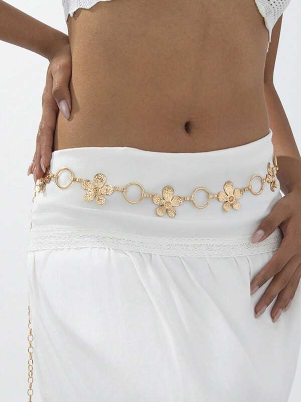1pc Vintage Fashionable Personalized Metal Flower Waist Chain, Bohemian High-End Versatile Dress Chain Waist Belt, Suitable For Women In Any Occasion