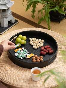 1pc Round Walnut Wood Serving Tray With Handle, For Holding Food, Snacks, Beverages, Sushi, Steak, Pizza, Desserts, Cakes, Breads, Breakfast Trays, Dining Trays, Coffee Trays, Tea Trays, Charcuterie Boards - Black - View 6