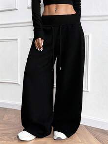 大码女式冬季长裤 - 粗绳腰阔腿裤，适合日常和正式场合穿着 - 可机洗，舒适，纯色，面料柔软 - 黑色 - 查看 6