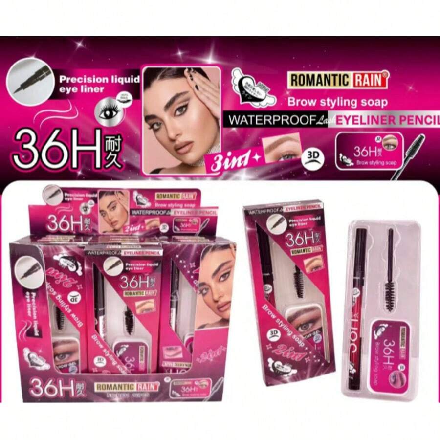 Kit 3 en 1: Delineador Líquido 36H + Lápiz de Cejas + Jabón Fijador Romantic Rain - Waterproof & Efecto 3D - Negro - Ver 1