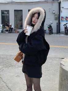 Distressed Vintage Washed Short Padded Coat With Detachable Fur Collar, Unisex Deconstructed Streetwear Style