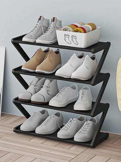 4-Layer Z-Shaped Shoe Rack, Durable Plastic Independent Storage Box, Arc-Shaped Design, Easy To Assemble Floor Rack, Suitable For Living Room Or Dormitory, Stackable And Space-Saving, Shoe Storage Box, Vertical Rack.