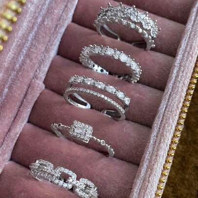 5pcs Minimalist Elegant Fashion Versatile Delicate Unique Geometric Design Copper Micro-Inlaid Cubic Zirconia Rings Set, Suitable For Women's Daily Commute, Banquet, Wedding Wear, Fashionable And High-End
