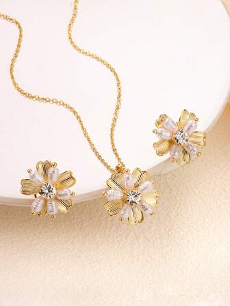 1 Set Pearl Flower Rhinestone Pendant Necklace & Earrings