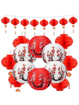 20pcs Holiday Party Decoration Set, Plum Blossom Lanterns With Red Honeycomb Lanterns, Scene Setting Props, Atmosphere Creating Supplies, Party Background, Chinese Party, Suitable For Theme Event Decoration, New Year, Spring Festival, Wedding, Outdoor Decoration