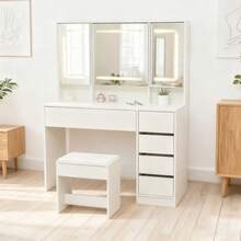 Dressing Table, Vanity Table With Stool, Lighting, Mirror, White - White 3 - View 1