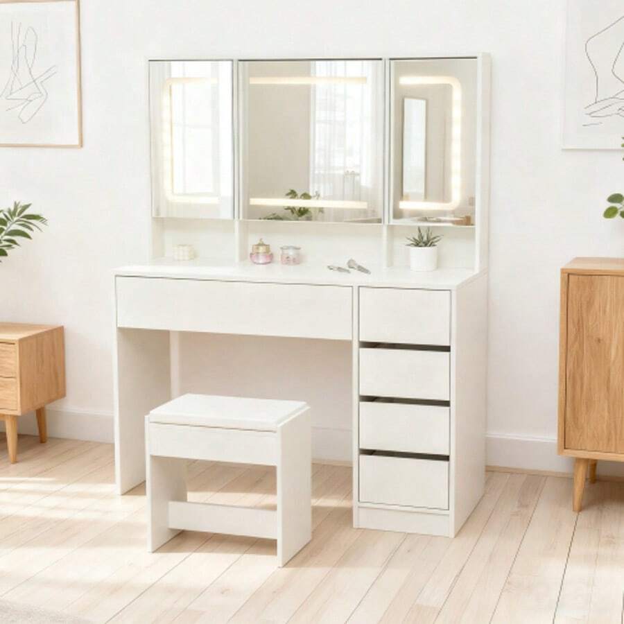 Dressing Table, Vanity Table With Stool, Lighting, Mirror, White - White 3 - View 1