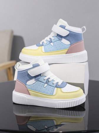 1 Pair Girls' Multi-Color Patchwork PU Buckle Design Mid-Top Casual Shoes, Wear-Resistant Non-Slip Flat Toddler Shoes, Suitable For Autumn/Winter Outdoor Sports