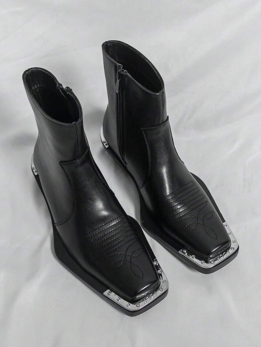 Edgy Square-Toe Ankle Boots (Couple Style) | Metal-Accented Chunky Sole Zip-Up Boots | Streetwear Cool For Trendsetters | Urban Daily/Night Out Footwear