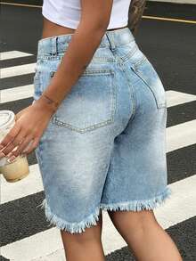 Shorts Shorts de Denim Lavado Sem Elasticidade, Com Bolsos, Estilo Casual de Perna Reta, Verão Feminino - Azul - Visão 4