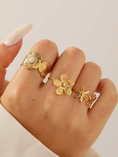 3件套 时尚优雅简约花卉设计镀金不锈钢可调节戒指，适合女性日常、派对和约会佩戴