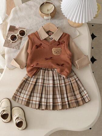 3pcs Girls Casual Cute & Lively Set: Minimalist Shirt + Bear Patch & Bow Knit Thick Vest + Pleated Skirt