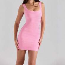 Chic Sleeveless Sweet Solid-Color Cinched-Waist Knit Mini Dress - Pink - View 8
