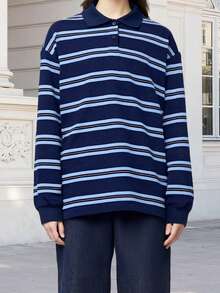 Womens Rugby T-Shirts Long Sleeve V Neck Stripes Print Loose Tops Spring Fall Blouses - Blue - View 4