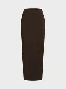 2件套优雅简约假日派对通勤商务套装，女士秋季套装，抹胸露脐上衣搭配修身中长裙 - 棕色 - 查看 8