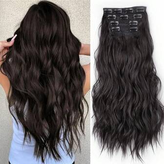 4件套合成纤维夹式接发片，长度22-30英寸，波浪卷曲，浓密，适合女性，全头渐变色接发片