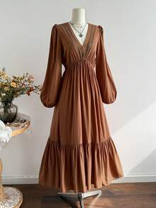 Rusttydustty Robe bohème pour femmes à col en V en dentelle et patchwork marron, décontractée, élégante, vintage et romantique. Robe simple pour les vacances et les stations balnéaires, automne/hiver - Tabac - Voir 7