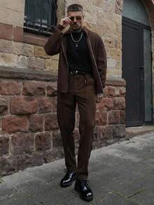 Artur Kramer Pantalones casuales de corte slim de unicolor con estilo retro americano, pantalones casuales de negocios de corte slim con bolsillos laterales y cremallera para hombre, otoño - Café integral - Ver 6