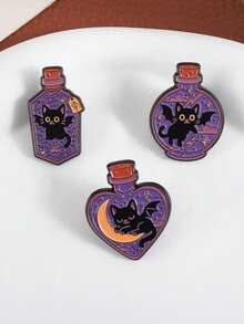 一套紫色魔法瓶珐琅徽章，朋克蝙蝠猫月亮星星闪电胸针翻领徽章饰品朋友礼物 - 彩色 - 查看 7