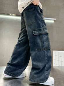 青少年/少年男童休闲直筒裤，百搭时尚工装裤，宽松阔腿裤 - 深色水洗藍 - 查看 4