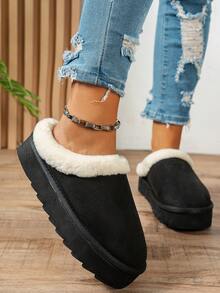 Zapatillas de mujer de caña alta y suela gruesa de felpa para otoño/invierno, con punta redonda, antideslizantes y silenciosas, forrado térmicamente para mantener el calor, para uso interior/exterior - Negro - Ver 3