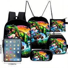 5-Piece Dinosaur Truck Printed Backpack Set (Double-Layer Backpack + Shoulder Strap Round Lunch Bag + Multi-Functional Pencil Case + Drawstring Bag + Coin Pouch) - Black - View 9