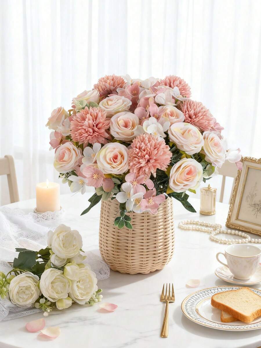 1 szt./2 szt. Sztuczne kwiaty piwonii, jedwabne bukiety hortensji, sztuczne róże, kula chryzantemy na jesienny wazon ślubny, dekoracje do domu, jadalni, sypialni, akcesoria na festiwalowe przyjęcia urodzinowe, dekoracje ogrodowe - Różowy - Zobacz 1