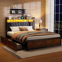 Caluself Double Bed 140/160/180 X 200 Cm, Bed Frame Made Of Steel And Wood With 4 Drawers Under The Bed, Bed With Metal Slatted Base, Upholstered Bed With Storage Space, Youth Bed With Headboard, Headboard With Storage Compartments, Without Mattress - 黑色 - 查看 3