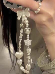 Baroque Phone Lanyard With Beaded String, Luxury Strap For Phone, Camera, Keychain, Women Wristlet Decoration With Pearl, Bow Charm, Fashionable Fashion Accessory - White - View 4