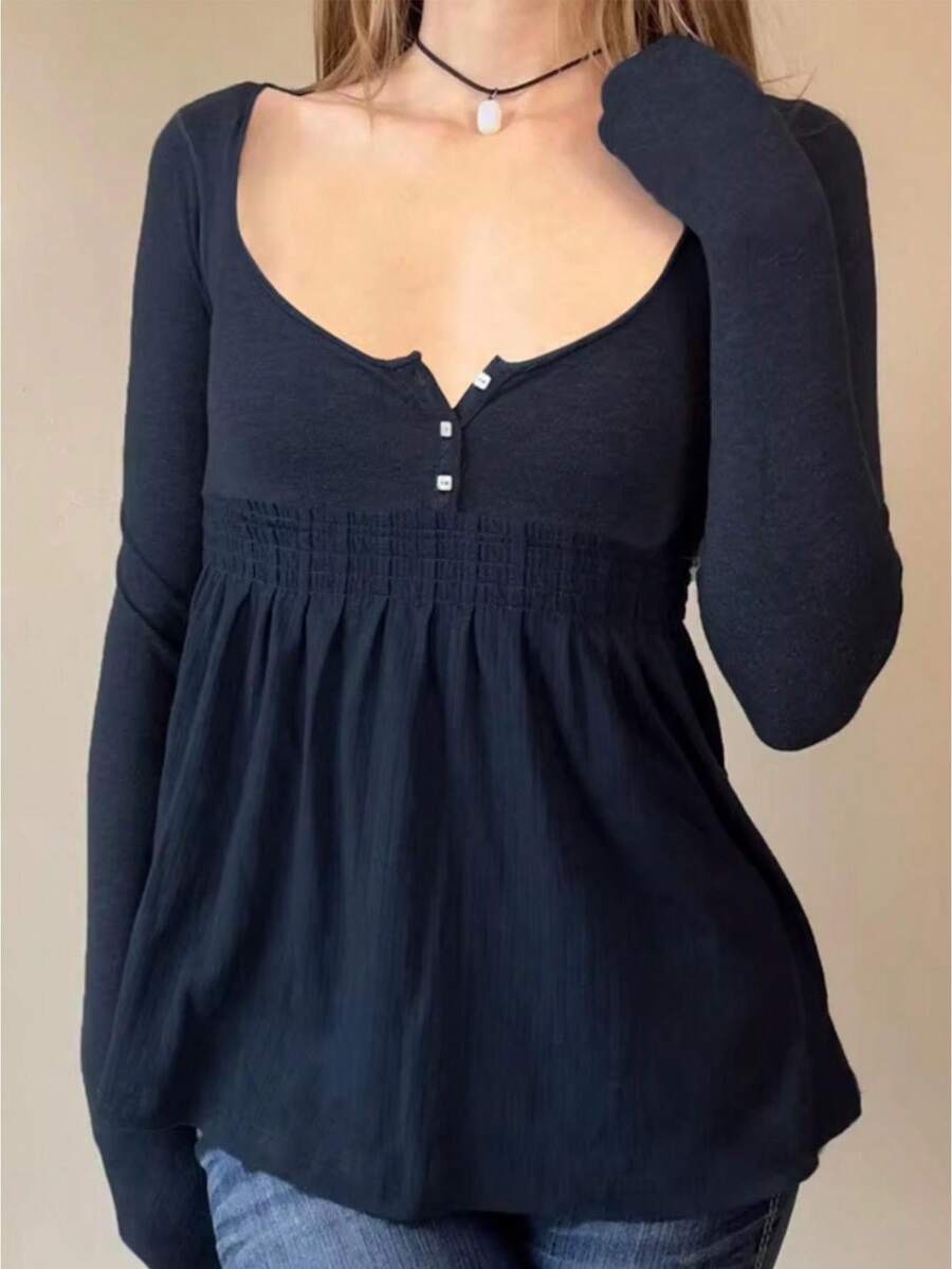 Autumn Square Neck Long Sleeve Milkmaid Tops Preppy Cute Babydoll T-Shirt Y2k Cottage Aesthetic Vintage Pullover Tees Women - 藍色 - 查看 1